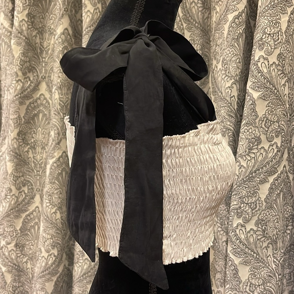 Shirred bows crop top, self tie straps